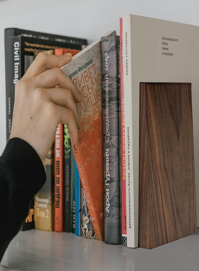 Luxdecor Walnut Book Ends Hold Heavy Books-7x6x5in Wood Bookends for Office Desk Non Skid, Decorative Walnut Bookend 2pack, Triangle Style - Image 3